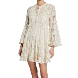 Alexis Emelya Floral Lace Bell-Sleeve Mini Dress, Size L